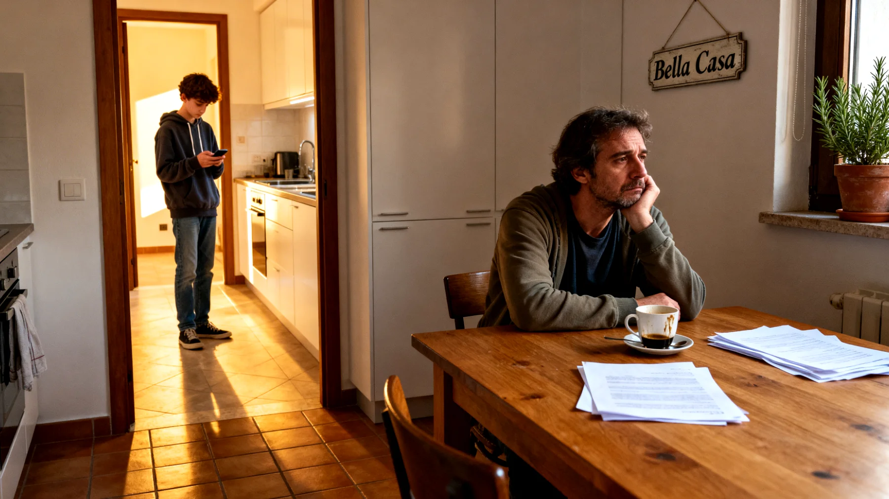 Genitori che faticano a trovare momenti significativi da trascorrere con i figli adolescenti, limitandosi a interazioni superficiali o logistiche, con conseguente allontanamento emotivo e perdita di dialogo profondo"